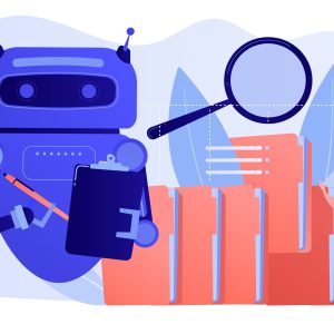 Robot doing repeatable tasks with a lot of folders and magnifier. Robotic process automation, service robots profit, automated processing concept. Pinkish coral bluevector isolated illustration