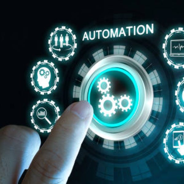Automation Software Technology Process System Business concept. Hand touching automation button inscription